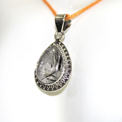 Black Rutile Stone Silver Pendant (Pear Shape) - Image 3
